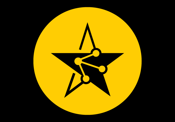 star and atom joined illustration in yellow circle black back